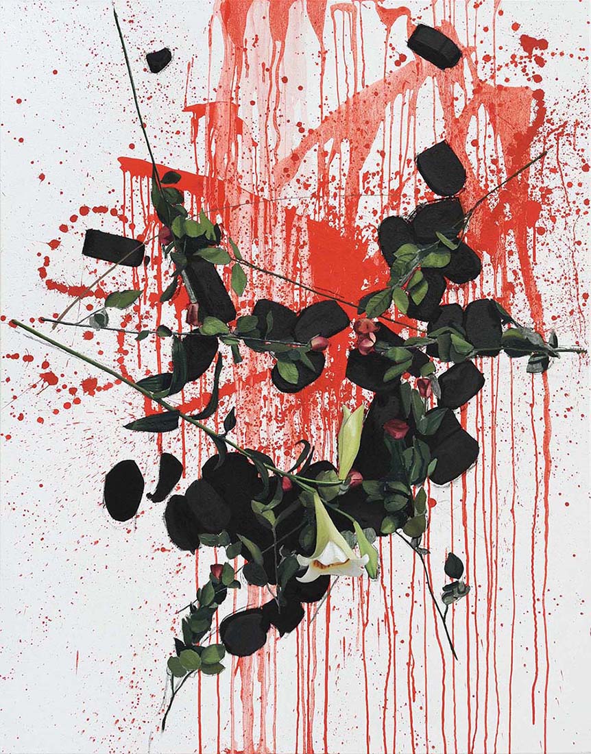 painting of coal blood and flowers by Michel Schneider